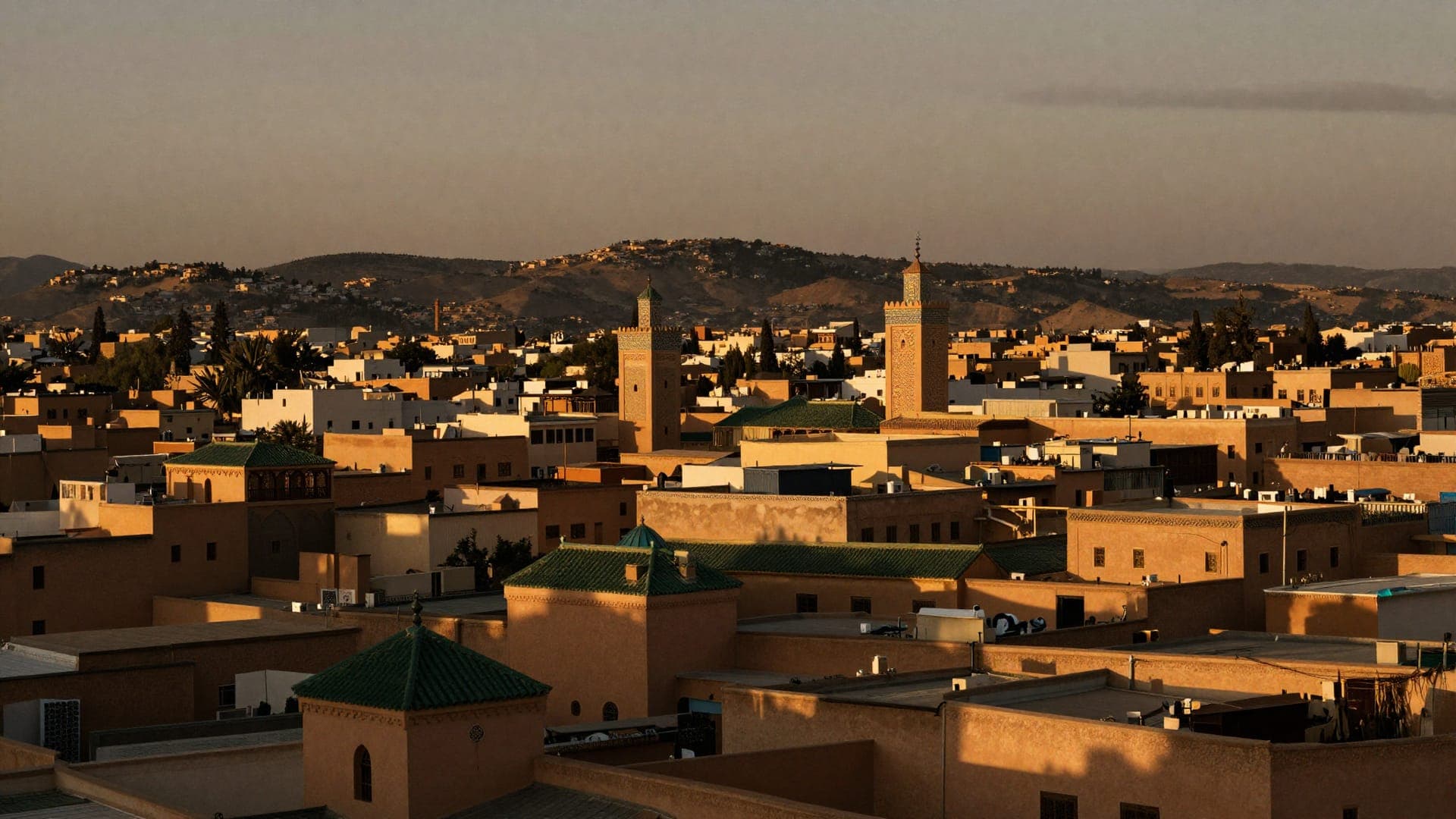 The rooftops of the Fes medina in low evening light — green-tiled roofs, two decorated minarets, and the hills of the Saïs basin beyond.