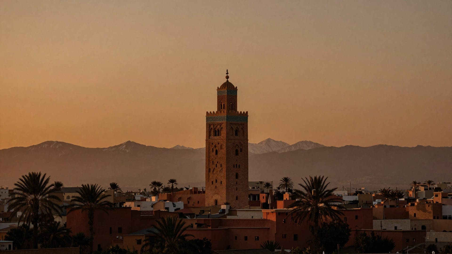 The Koutoubia minaret above the red rooftops and palms of Marrakech at sunset, the snow line of the High Atlas along the horizon behind it.