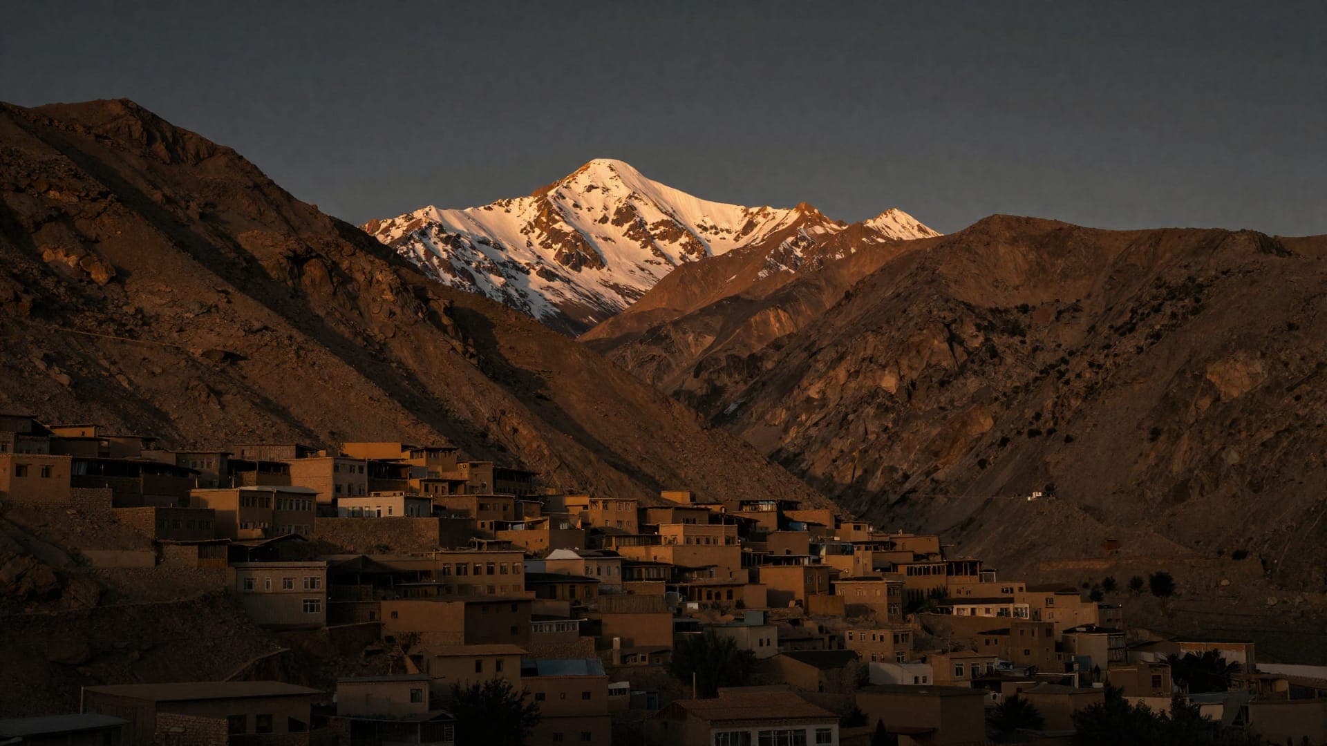 A village of flat-roofed earth houses stacked up a bare hillside, a snow-covered summit catching the last light behind it.